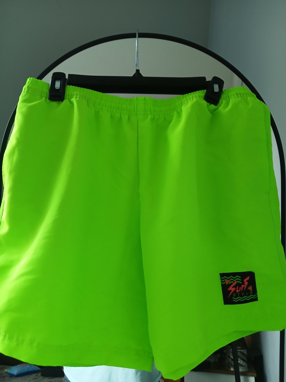 Surf Style Shorts XL Neon Green Yellow Retro Nylon Elastic Waist Beach Shorts